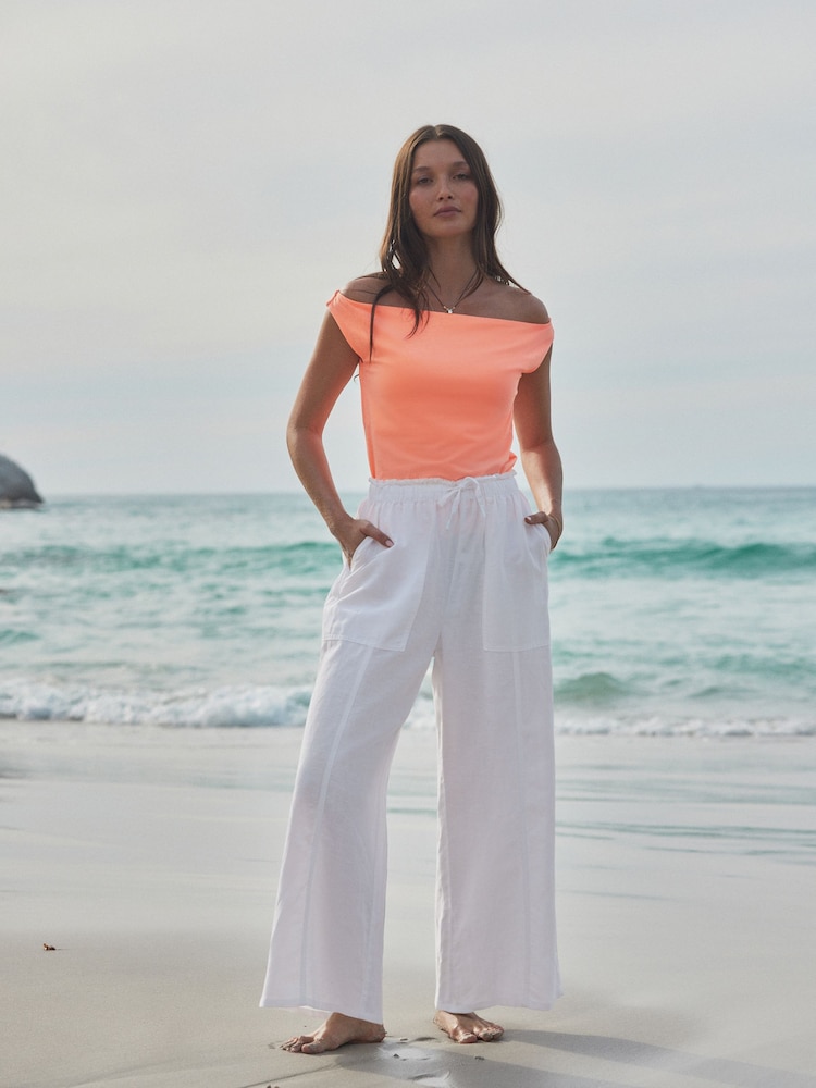 White Wide Leg Pull-On Linen Blend Trousers - Image 1 of 8