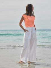 White Wide Leg Pull-On Linen Blend Trousers - Image 2 of 8