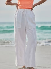 White Wide Leg Pull-On Linen Blend Trousers - Image 3 of 8