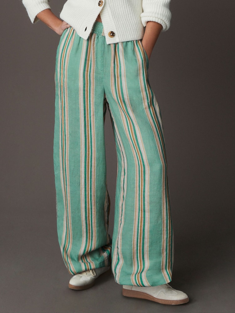 Green Stripe N. Premium 100% Linen Wide Leg Pull-on Trousers - Image 2 of 9