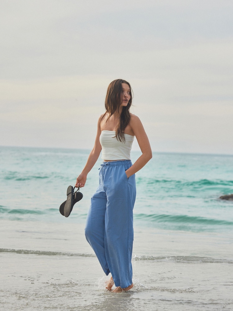 Blue Wide Leg Pull-On Linen Blend Trousers - Image 1 of 9