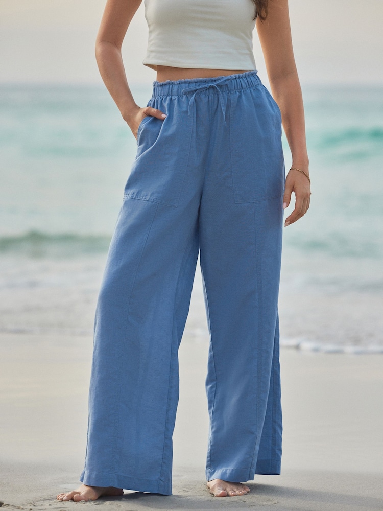 Blue Wide Leg Pull-On Linen Blend Trousers - Image 2 of 9