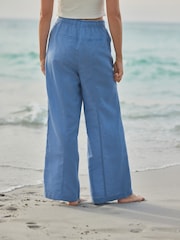 Blue Wide Leg Pull-On Linen Blend Trousers - Image 3 of 9