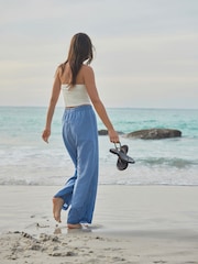 Blue Wide Leg Pull-On Linen Blend Trousers - Image 4 of 9