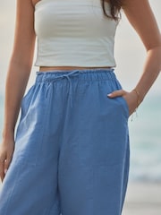 Blue Wide Leg Pull-On Linen Blend Trousers - Image 5 of 9
