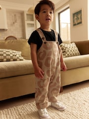 Tan Brown Animal Print 100% Cotton Jersey Dungaree And T-Shirt Set (3mths-7yrs) - Image 1 of 9