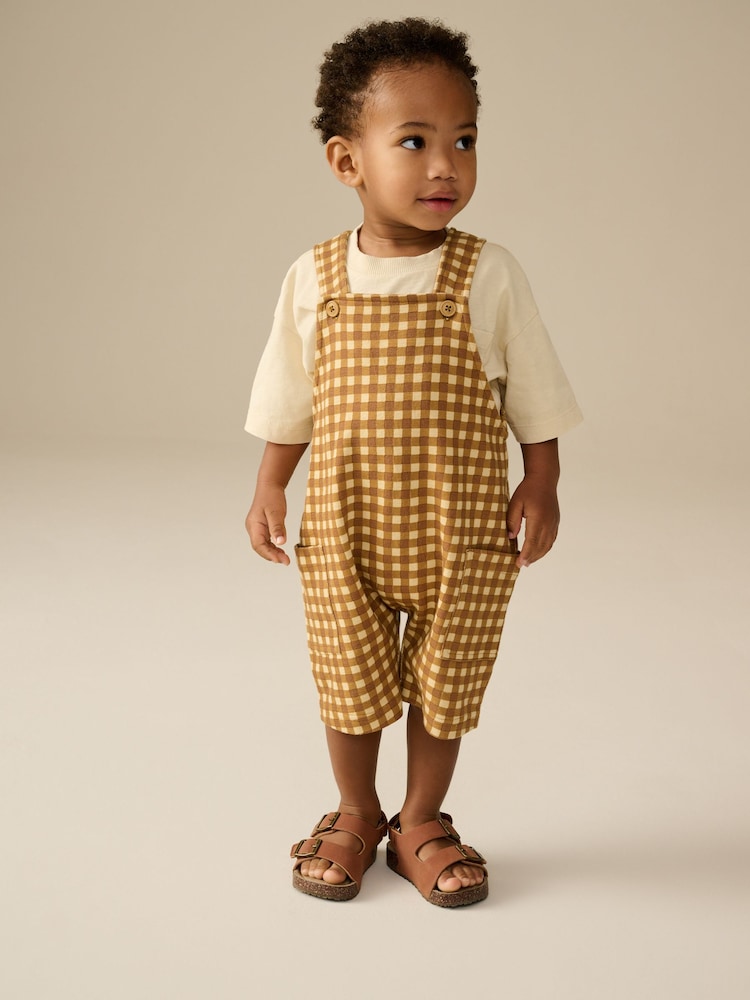 Tan Brown Gingham Jersey Dungaree and Short Sleeve T-Shirt Set (3mths-7yrs) - Image 1 of 4