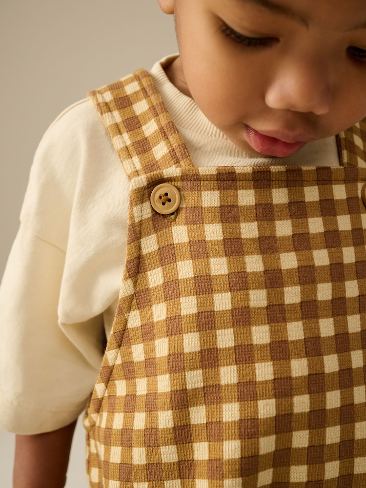 Tan Brown Gingham Jersey Dungaree and Short Sleeve T-Shirt Set (3mths-7yrs) - Image 2 of 4