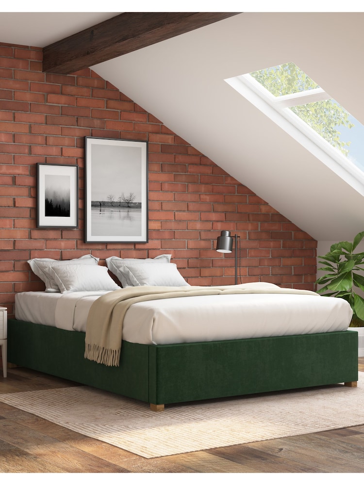Aspire Furniture Forest Green Platform Velvet End Lift Ottoman Storage Bed - Image 1 of 3