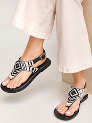 Simply Be Black Wide Fit Beaded Toe Post Flat Sandals - Image 1 of 5