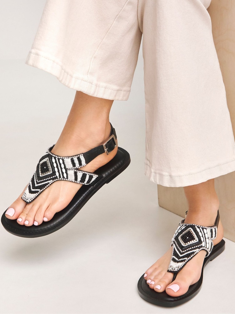 Simply Be Black Wide Fit Beaded Toe Post Flat Sandals - Image 1 of 5