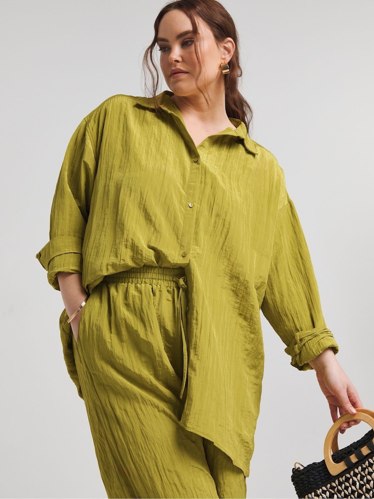 Simply Be Green Crinkle Satin Oversized Shirt - Image 1 of 5 Simply Be Green Crinkle Satin Oversized Shirt - Image 1 of 5