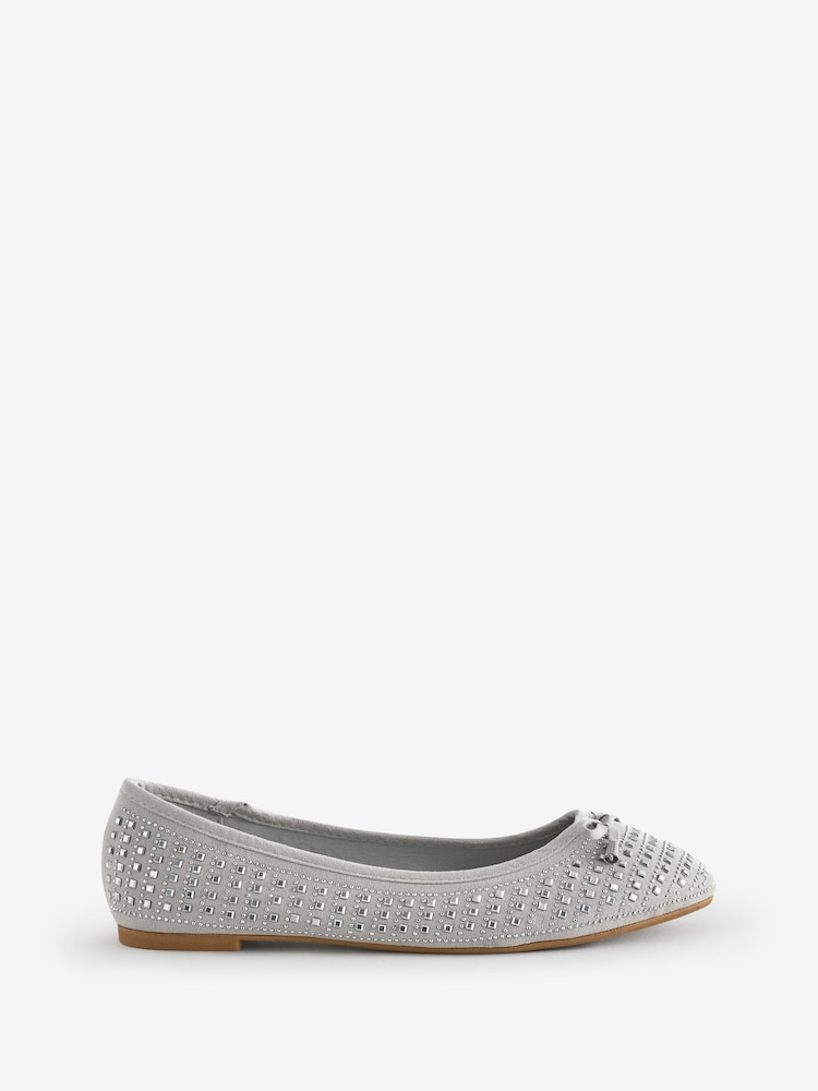 Simply Be Silver Extra Wide Fit Heat Seal Embellished Ballerina in Shoes - Image 1 of 1