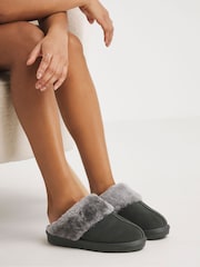Simply Be Grey Wide Fit Faux Fur Lined Suede Mule Slippers - Image 1 of 5