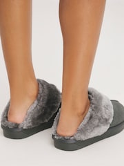 Simply Be Grey Wide Fit Faux Fur Lined Suede Mule Slippers - Image 2 of 5