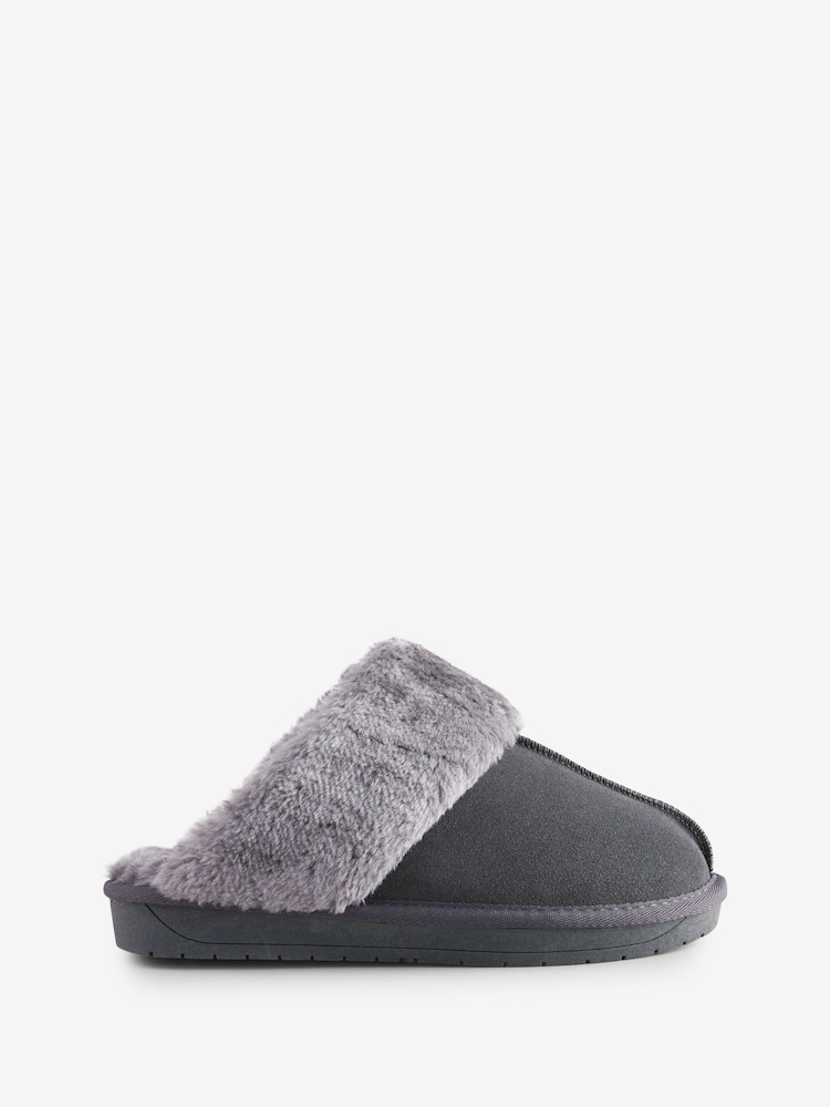 Simply Be Grey Wide Fit Faux Fur Lined Suede Mule Slippers - Image 5 of 5