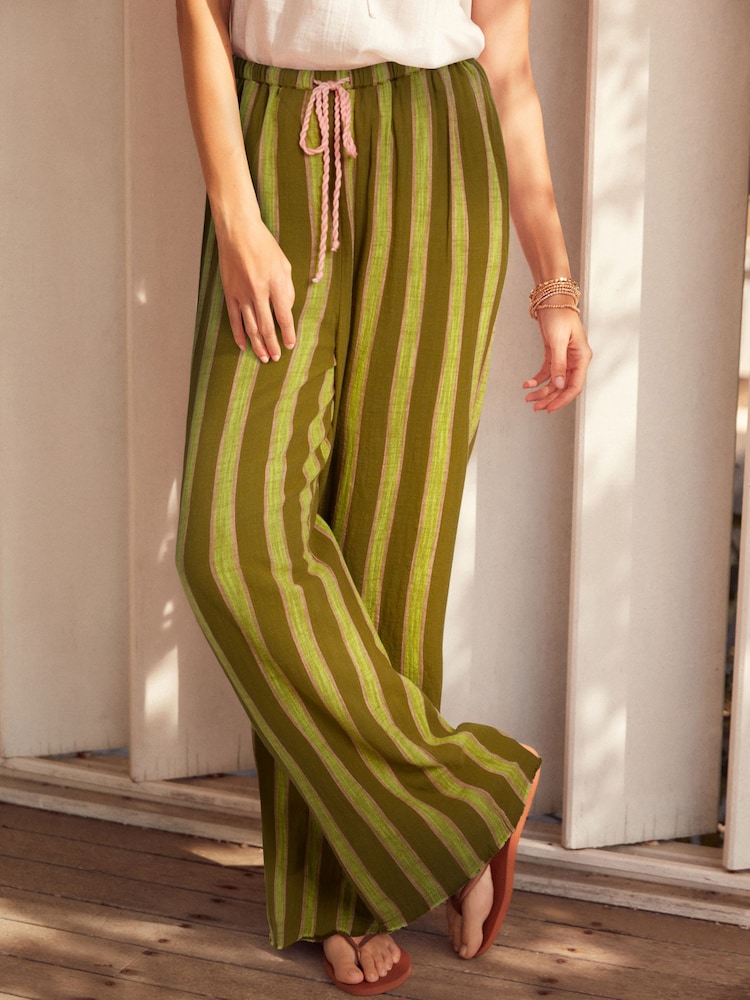 Green Stripe Cotton Wide Leg Trousers - Image 2 of 7