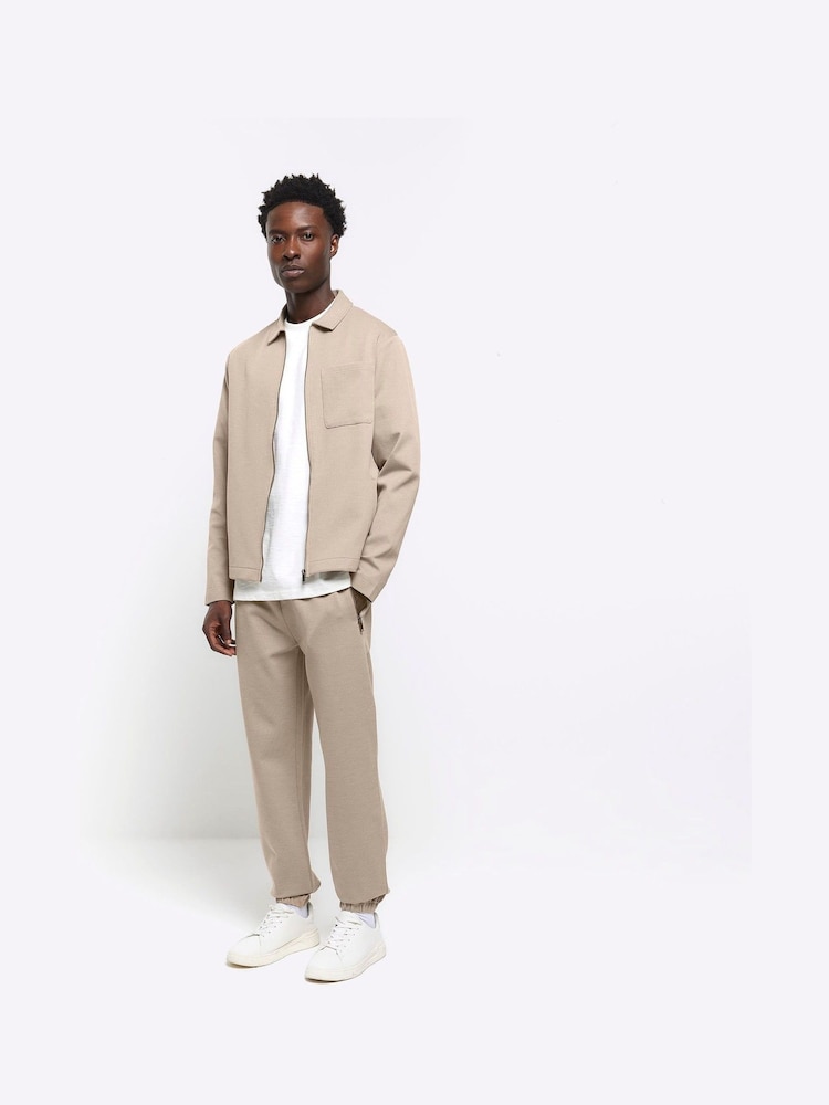 River Island Natural Stone Slim Fit Textured Smart Joggers - Image 1 of 3