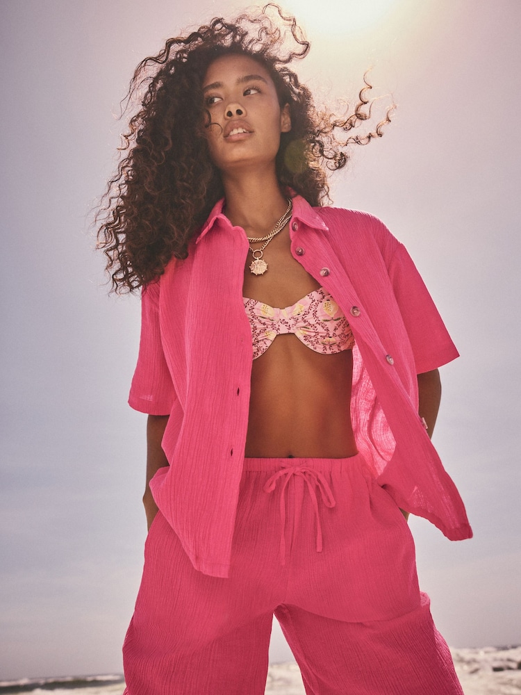 Bright Pink Short Sleeve Textured Co-ord Shirt With Linen - Image 1 of 8