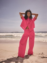 Bright Pink Short Sleeve Textured Co-ord Shirt With Linen - Image 2 of 8