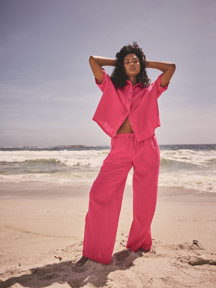 Bright Pink Short Sleeve Textured Co-ord Shirt With Linen - Image 2 of 8