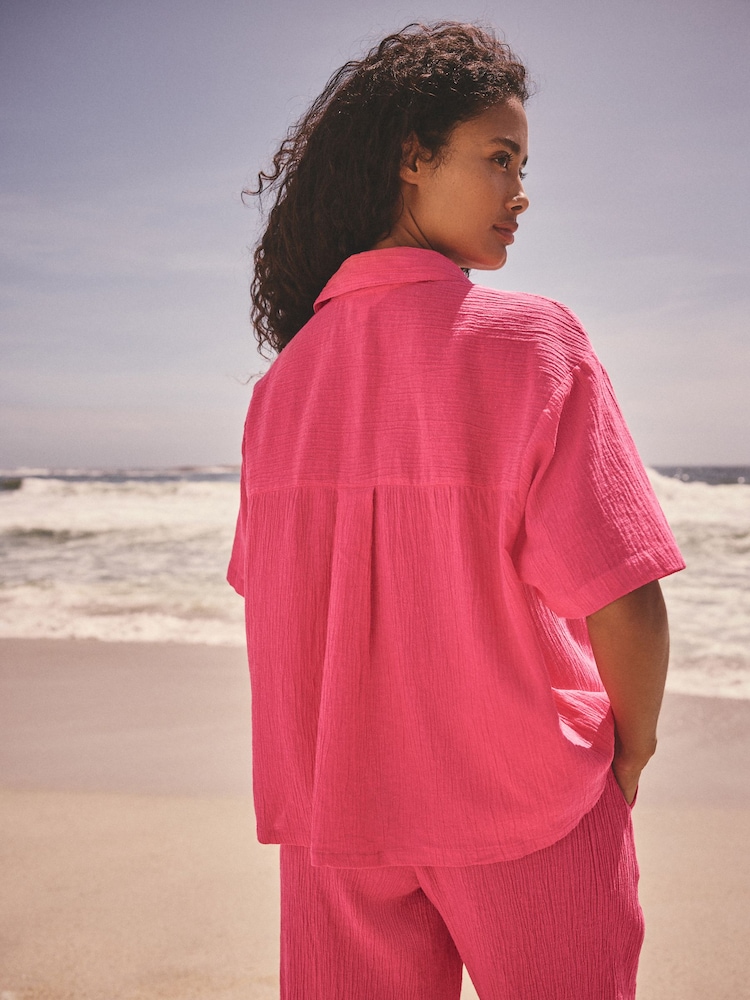 Rose vif - Chemise coordonnée texturée à manches courtes avec lin - Image 3 of 8