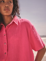 Bright Pink Short Sleeve Textured Co-ord Shirt With Linen - Image 5 of 8