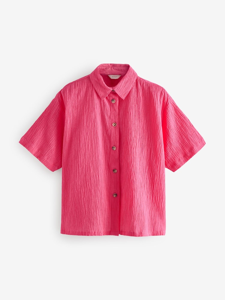 Rose vif - Chemise coordonnée texturée à manches courtes avec lin - Image 6 of 8