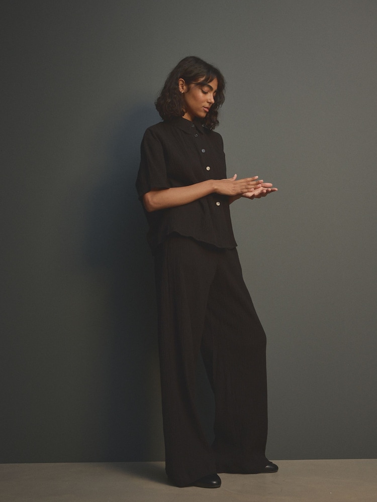 Black Short Sleeve Textured Co-ord Shirt With Linen - Image 2 of 7