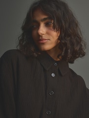 Black Short Sleeve Textured Co-ord Shirt With Linen - Image 4 of 7