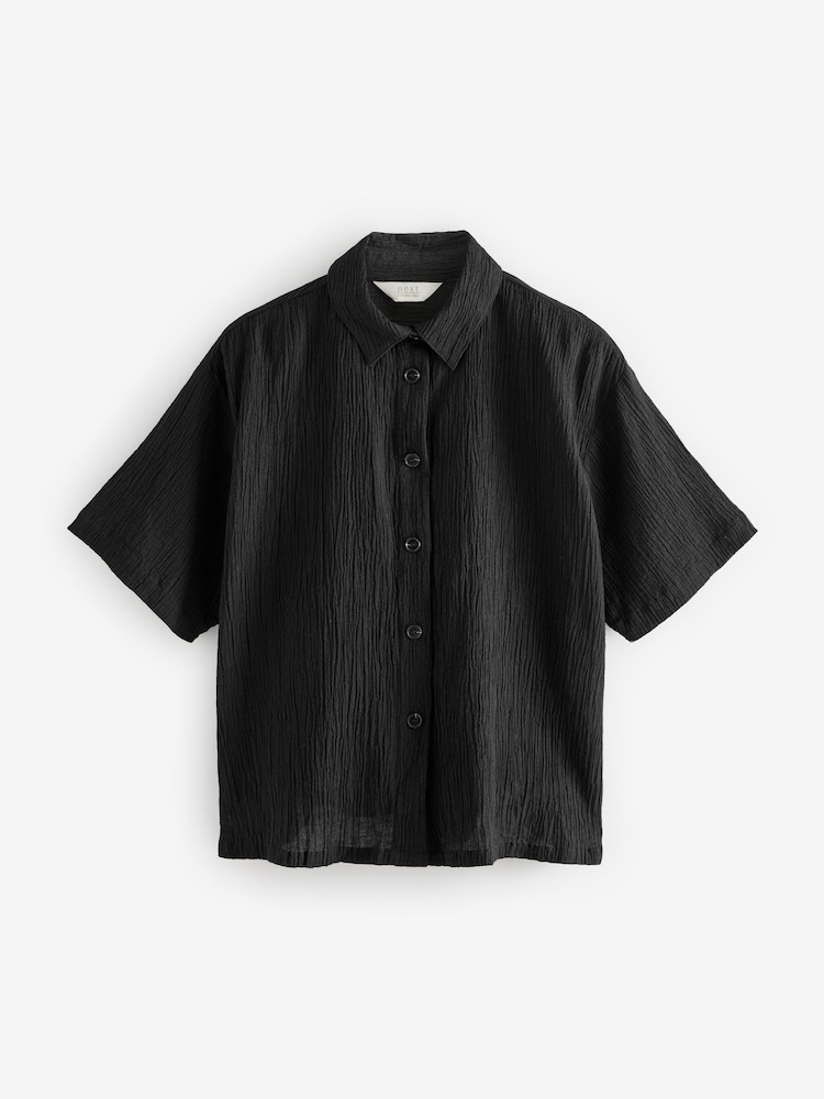 Black Short Sleeve Textured Co-ord Shirt With Linen - Image 5 of 7