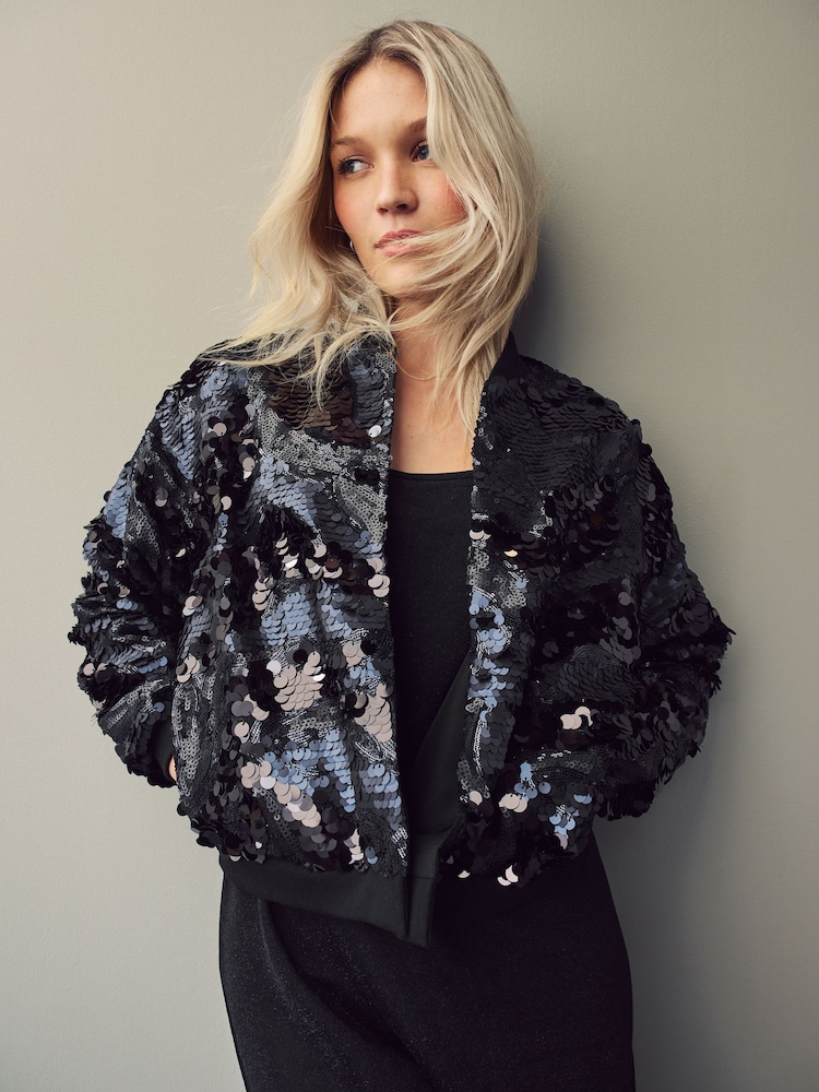 Dark Blue Sequin Bomber Jacket - Image 1 of 8