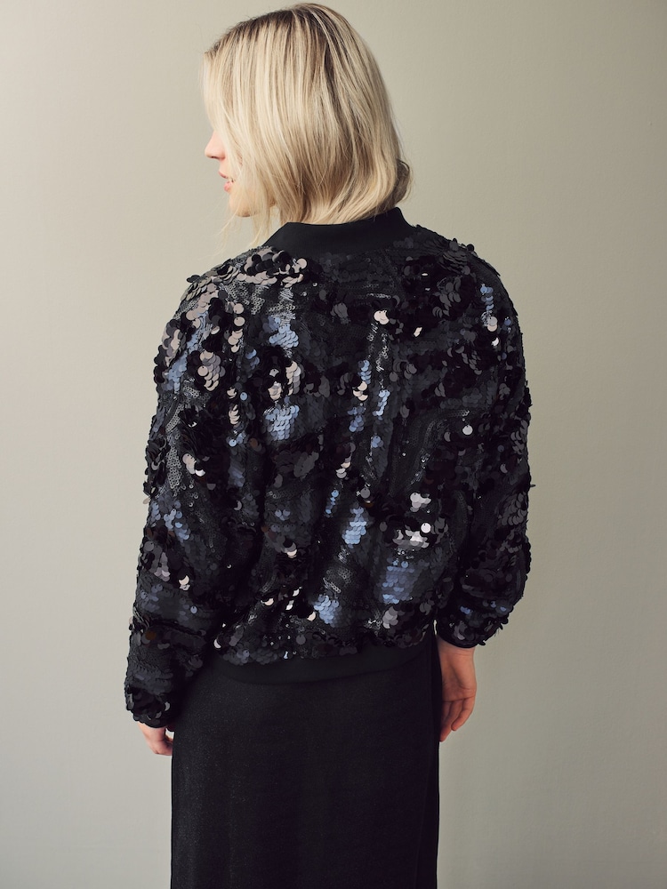 Dark Blue Sequin Bomber Jacket - Image 2 of 8