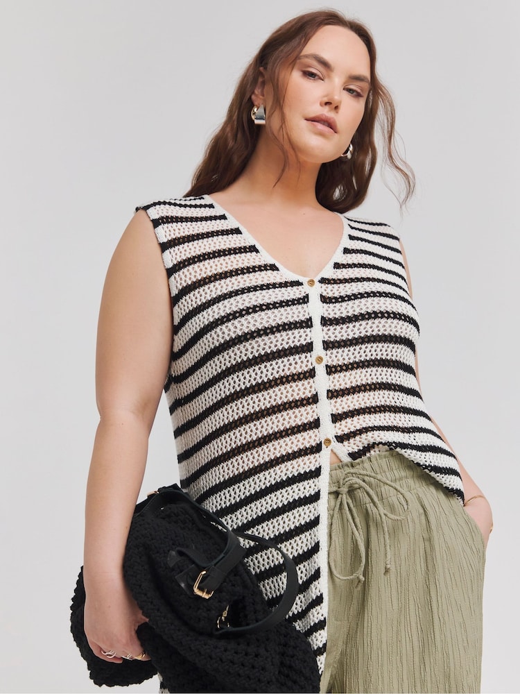 Simply Be Black Stripe Knitted Longline Waistcoat - Image 1 of 5