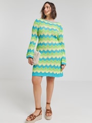 Simply Be Blue Colourful Crochet Long Sleeve Mini Dress - Image 1 of 4