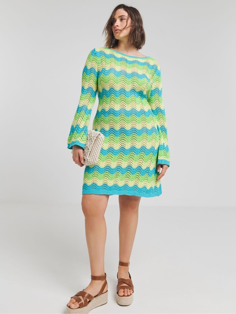 Simply Be Blue Colourful Crochet Long Sleeve Mini Dress - Image 1 of 4