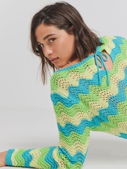 Simply Be Blue Colourful Crochet Long Sleeve Mini Dress - Image 2 of 4