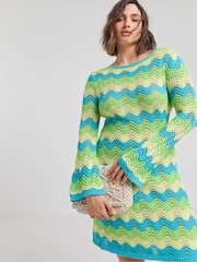 Simply Be Blue Colourful Crochet Long Sleeve Mini Dress - Image 3 of 4
