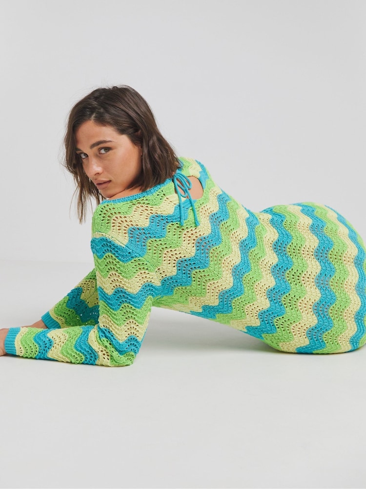 Simply Be Blue Colourful Crochet Long Sleeve Mini Dress - Image 4 of 4