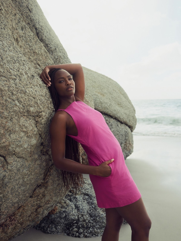 Bright Pink Mini Sleeveless Racer Stretch Linen Blend Dress - Image 1 of 8