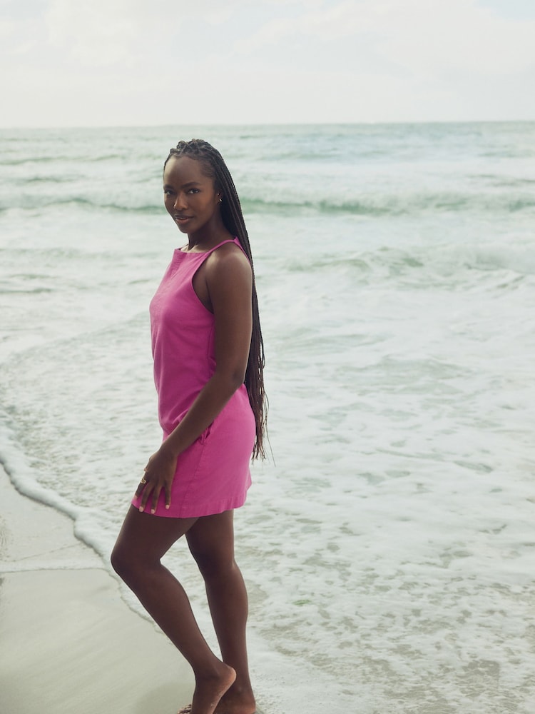 Bright Pink Mini Sleeveless Racer Stretch Linen Blend Dress - Image 2 of 8