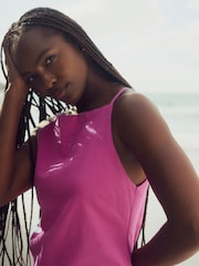 Bright Pink Mini Sleeveless Racer Stretch Linen Blend Dress - Image 4 of 8
