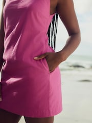 Bright Pink Mini Sleeveless Racer Stretch Linen Blend Dress - Image 5 of 8
