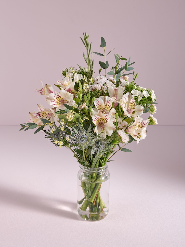 White Alstroemeria Fresh Flower Bouquet With Wrapped Glass Vase - Image 1 of 6 White Alstroemeria Fresh Flower Bouquet With Wrapped Glass Vase - Image 1 of 6