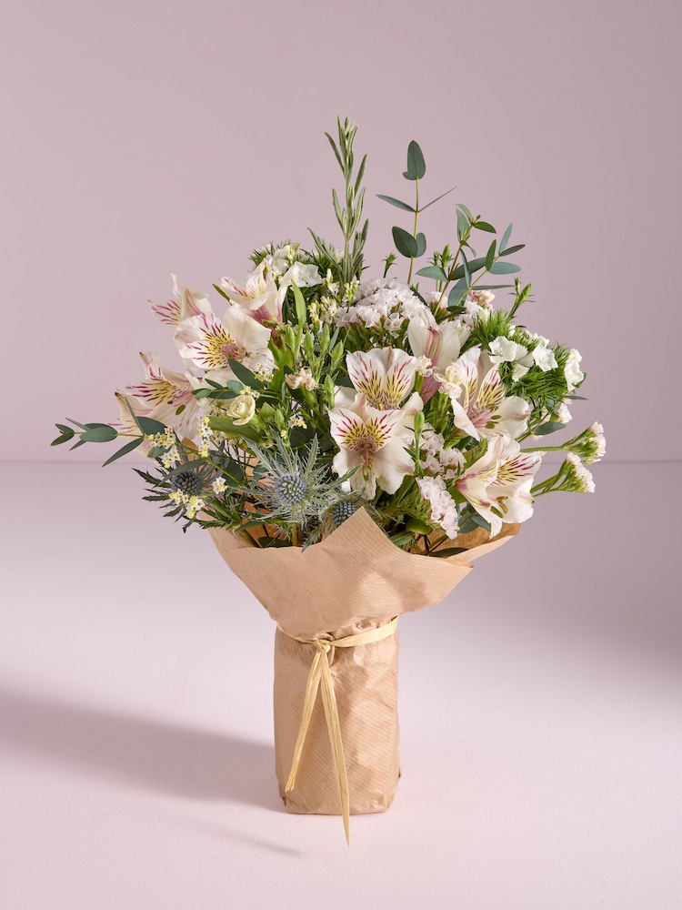 White Alstroemeria Fresh Flower Bouquet With Wrapped Glass Vase - Image 2 of 6 White Alstroemeria Fresh Flower Bouquet With Wrapped Glass Vase - Image 2 of 6