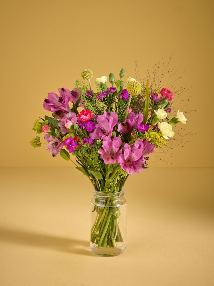 Bright Alstroemeria Fresh Flower Bouquet With Wrapped Glass Vase - Image 1 of 7