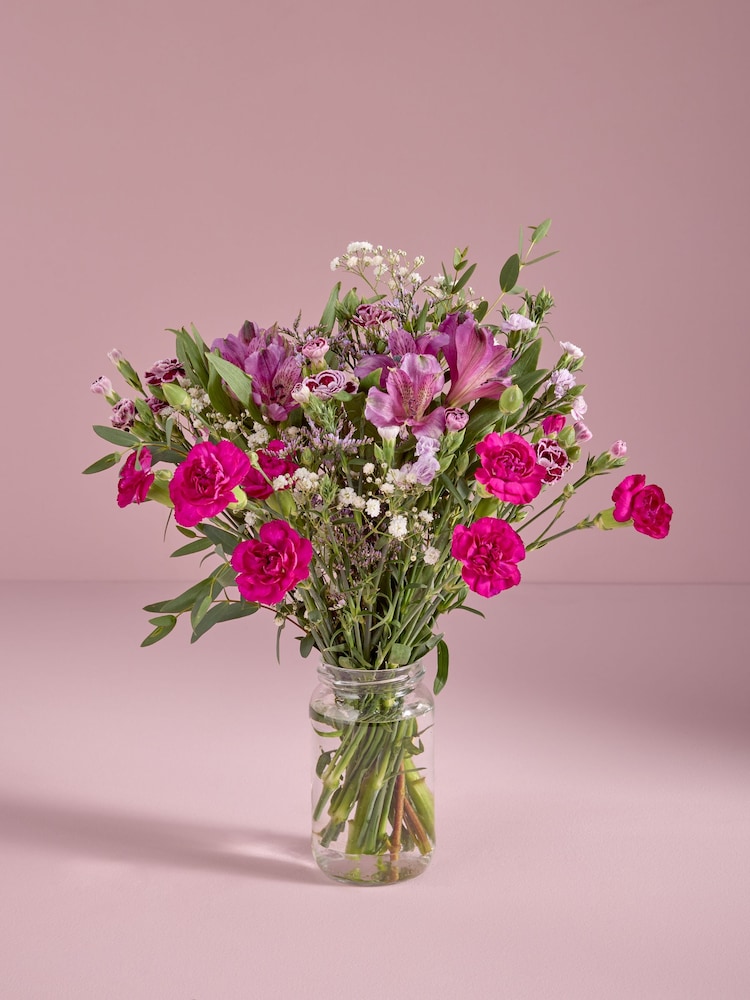 Lilac Purple Alstroemeria Fresh Flower Bouquet With Wrapped Glass Vase - Image 1 of 5