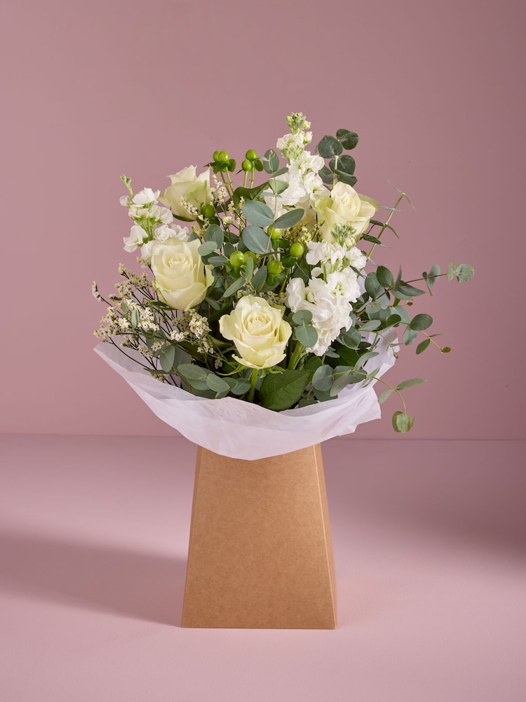 White Rose and Mathiola Fresh Flower Bouquet in Gift Bag - Image 1 of 5