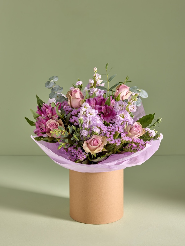 Lilac Purple Rose and Mathiola Fresh Flower Bouquet in Hatbox - Image 1 of 5 Lilac Purple Rose and Mathiola Fresh Flower Bouquet in Hatbox - Image 1 of 5