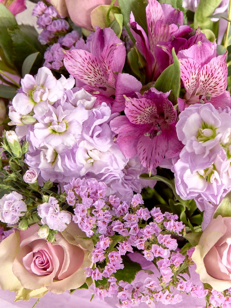 Lilac Purple Rose and Mathiola Fresh Flower Bouquet in Hatbox - Image 2 of 5 Lilac Purple Rose and Mathiola Fresh Flower Bouquet in Hatbox - Image 2 of 5